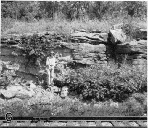 Person standing next to limestone outcrop, railroad tracks in foreground.