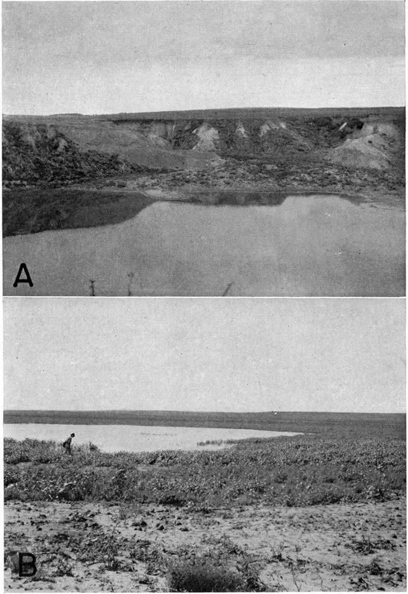 Old black and white photos. Top photo shows expansion of sinkhole shown in previous plate. Bottom photo shows very shallow sink