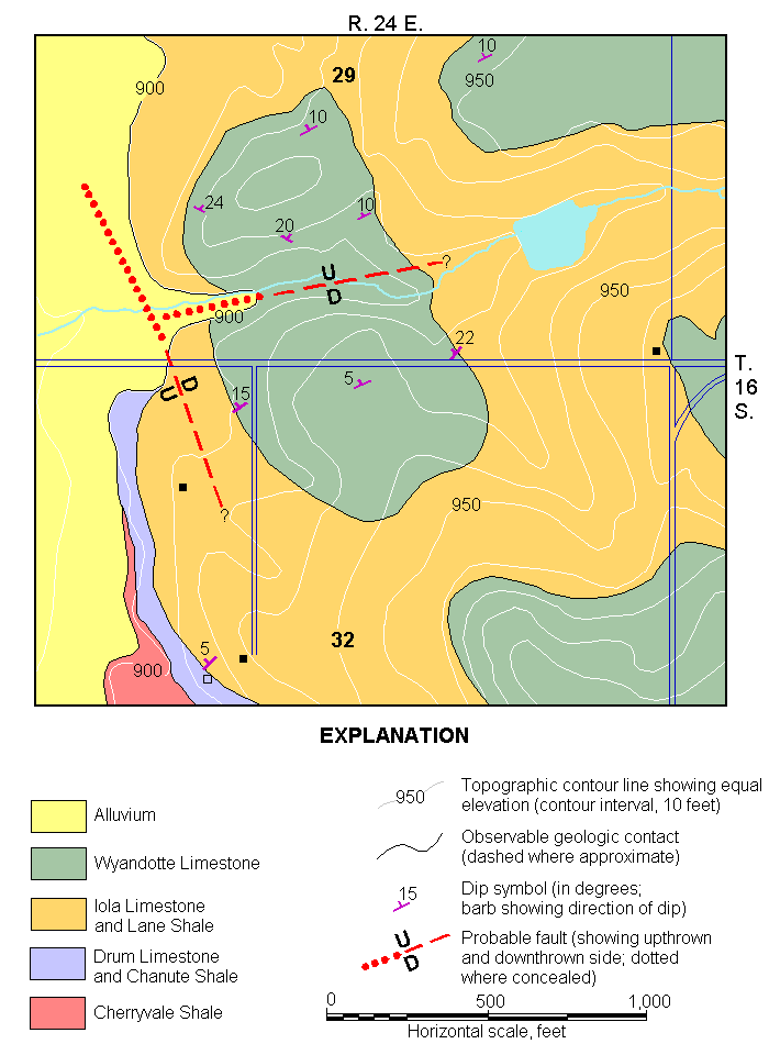 alluvium in west, Wyandotte Limestone in center and east, Iola Limestone and Lane Shale around Wyandotte