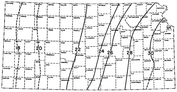 Water loss slopes from west to east, values of 18 in far west (22 line runs to west of Mitchell) increase to 30 in eastern Kansas.