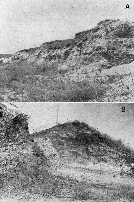 Two black and white photos; top is of Crete Fm outcrop, highly erodable, grass at top of cliff; bottom shows deep ditch cut into Peoria Fm and Carlile Sh to store other material.