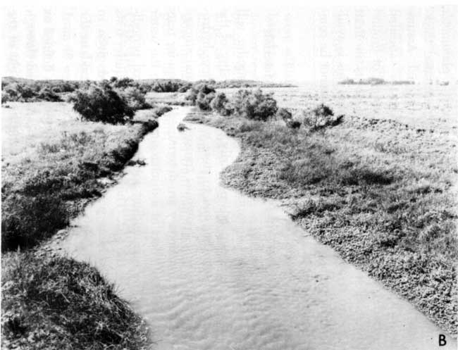 Three black and white photos of the increasing size of the river from west to east through the county.