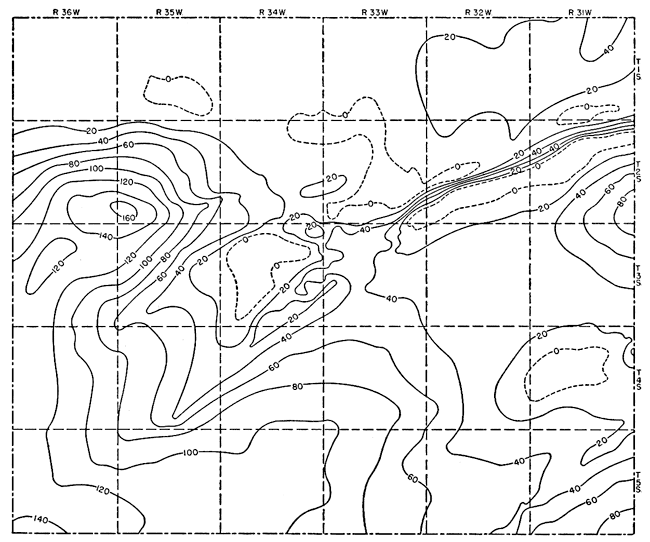 Thickness is zero in center of county, rises to 160 feet in west-central and 40-80 ft in east-central; value is 140 in SW and 80 in SE
