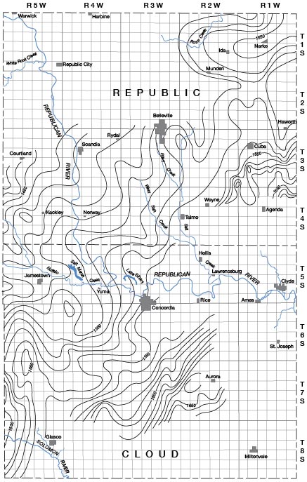 Structural contour map of Cloud and Republic counties.