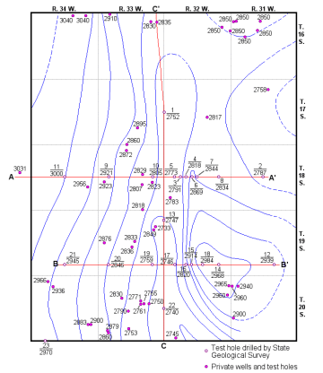 contours show high in south-central part of county, low in southeast corner and lower to north west