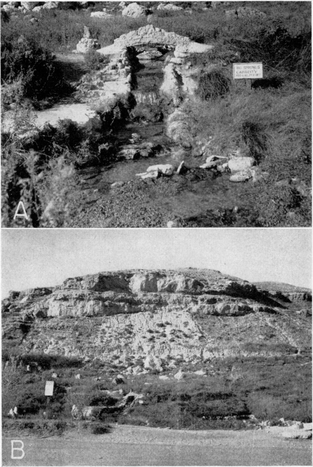 Two black and white photos, upper is closeup of springs, made up of laid-stone walls making small basin to collect water; lower is view of the entire hill, with springs at the base.