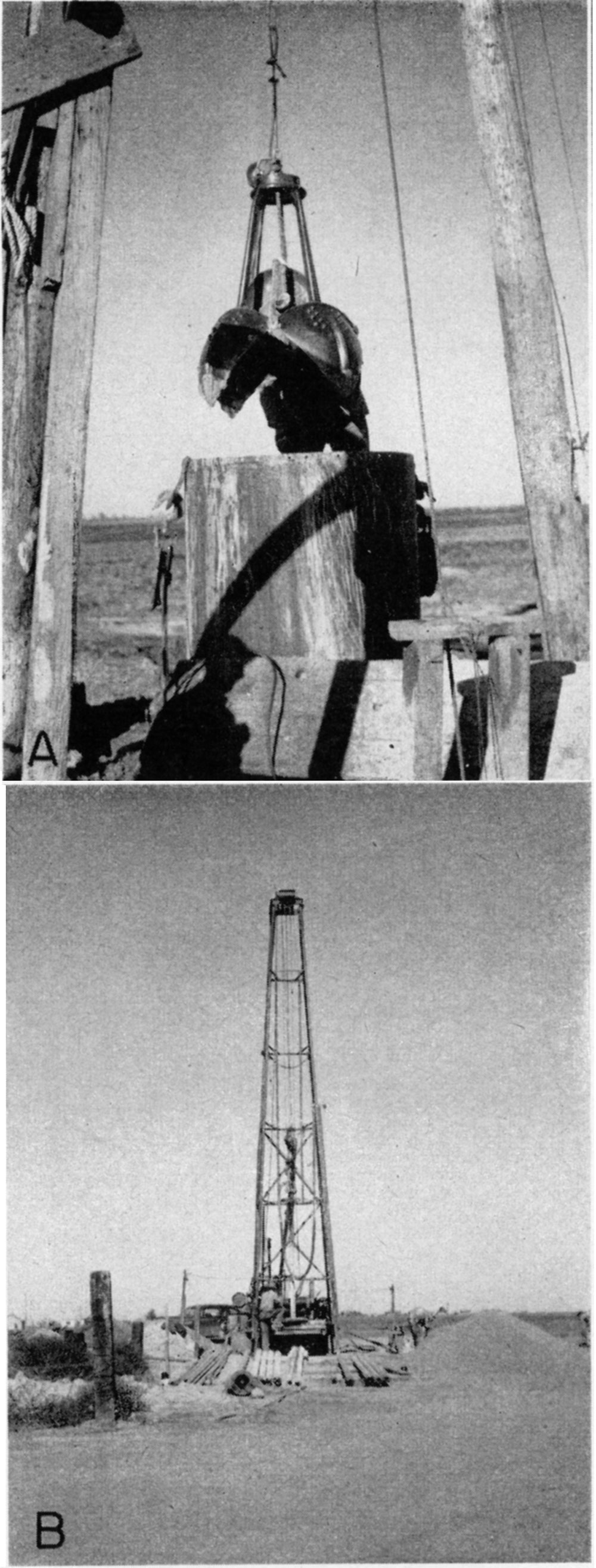 black and white photos; upper shows open bucket ready to be lowered into hole; lower shows full view of rotary drill rig