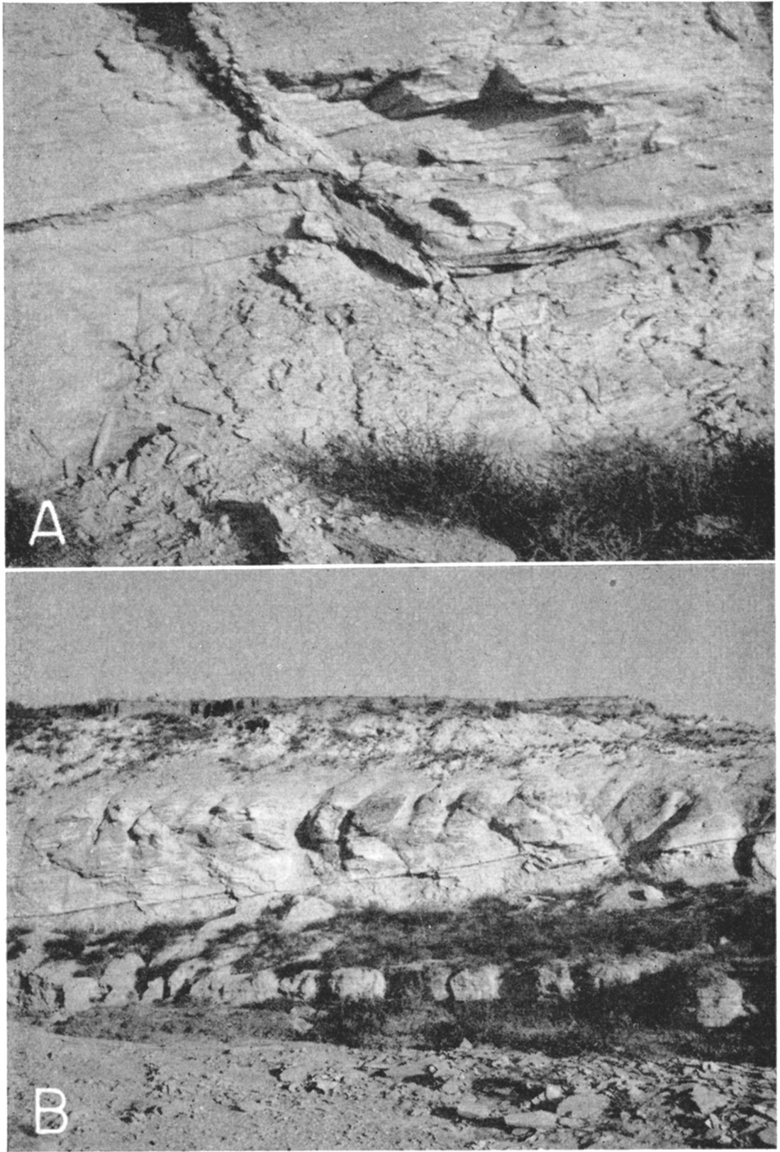 old black and white photos show fault in chalk; lower is view of entire hill