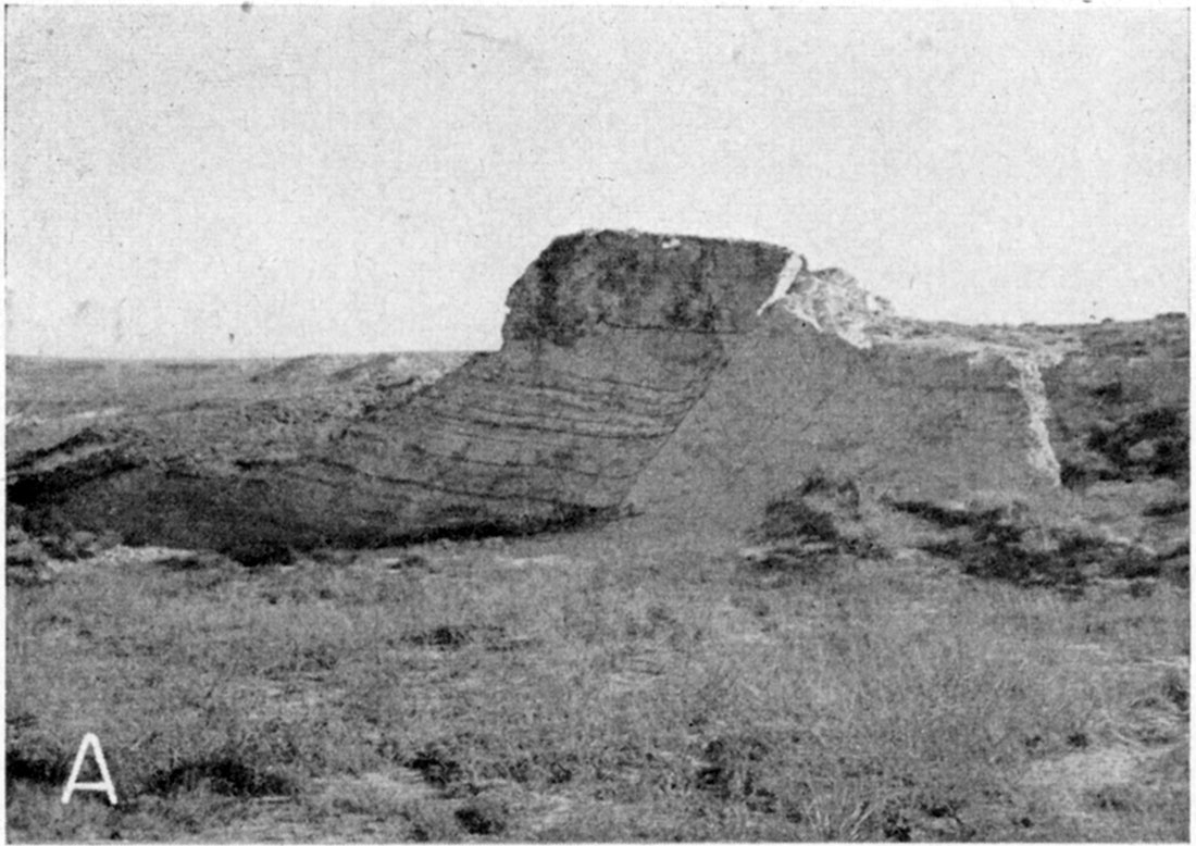 Black and white photo, normal fault in Smoky Hill chalk member of the Niobrara formation.