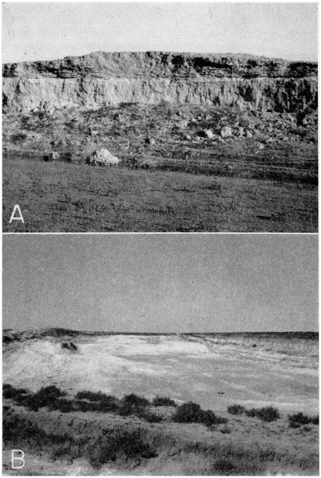 Two black and white photos; upper photo shows thin beds on horizontal contact, Ogallala below; lower photo is caliche of the Ogallala formation in shallow quarry