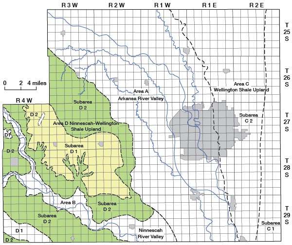 Map of Sedgwick County, Kansas, showing generalized ground-water areas and subareas.