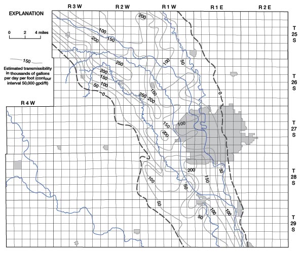 Map of Sedgwick County, Kansas, showing the estimated transmissibility of the unconsolidated Neogene sediments in the Arkansas Valley.