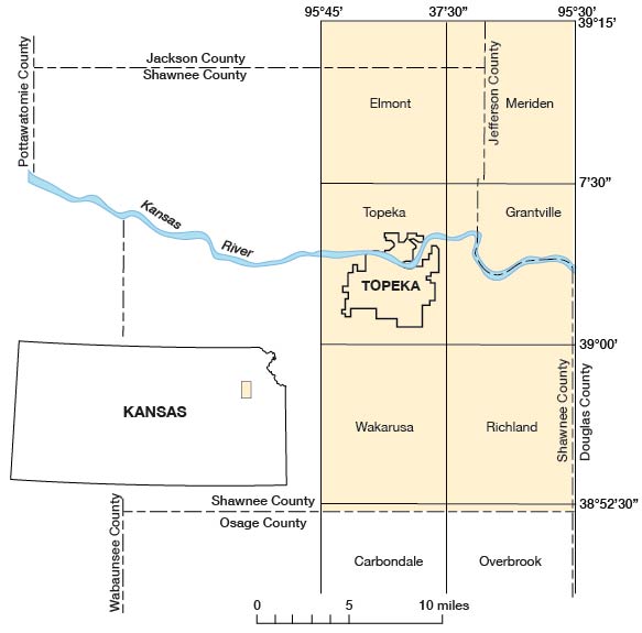Index map of Kansas showing location of eastern Shawnee County and map of county with eastern half shaded; also shows location of Topeka and Kansas River.
