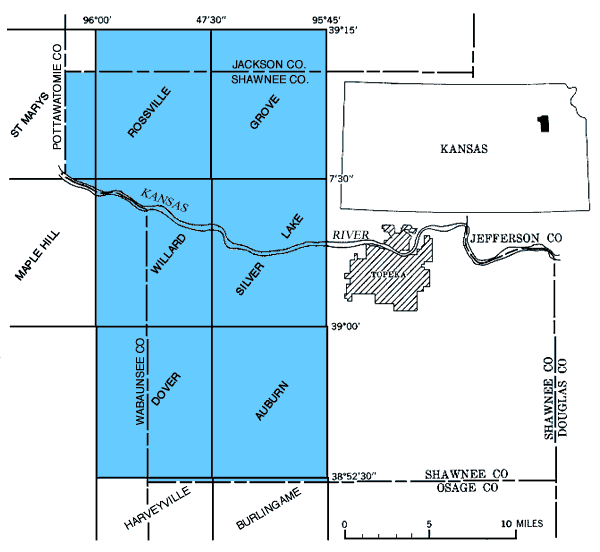 Index map of Kansas showing location of eastern Shawnee County and map of county with eastern half shaded; also shows location of Topeka and Kansas River