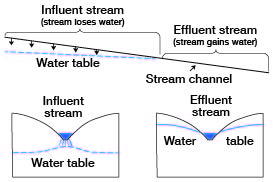 stream above water table loses water to surrounding rock; stream below water table gains from ground water