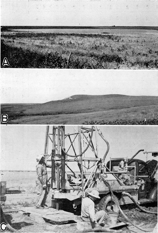 Three black and white photos; top is of shallow water-filled depression; middle is of gently-sloped hill with Ogallala viewable at top; bottom photo is of drill crew operating hydraulic-rotary equipment.