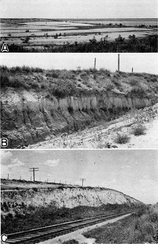 Three black and white photos; top is of shallow water-filled depression; middle is of roadcut showing Ogallala exposure; bottom photo is of railroad cut showing exposure of Sanborn formation silt.