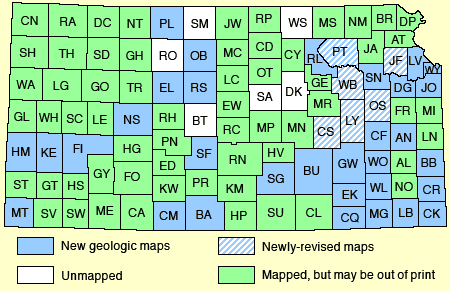 Map of Kansas showing county map status.  Text links below.