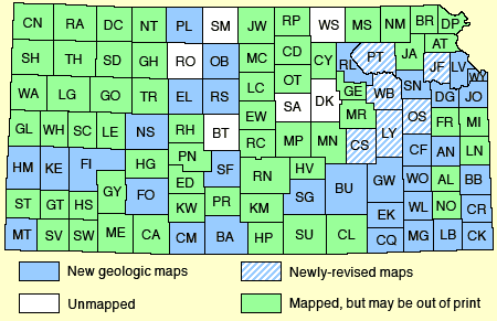 Map of Kansas showing county map status.  Text links below.