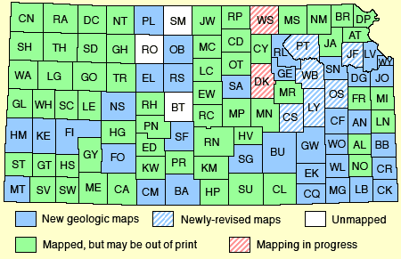 Map of Kansas showing county map status.  Text links below.