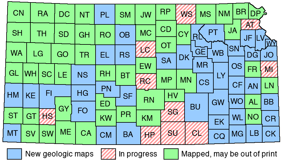 Map of Kansas showing county map status. Text links below.