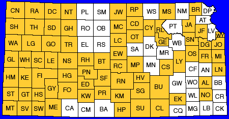 Map of Kansas showing counties placed online. Text links below.