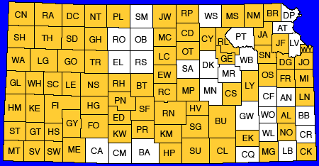 Map of Kansas showing counties placed online. Text links below.