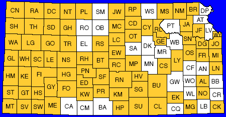 Map of Kansas showing counties placed online. Text links below.