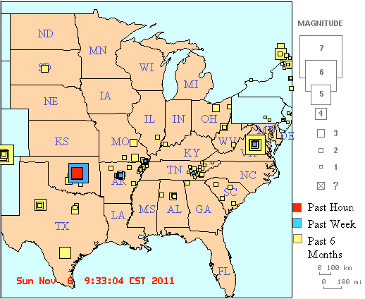 Map shows largest quake as a blue square in central US; more recent but smaller quake in red.
