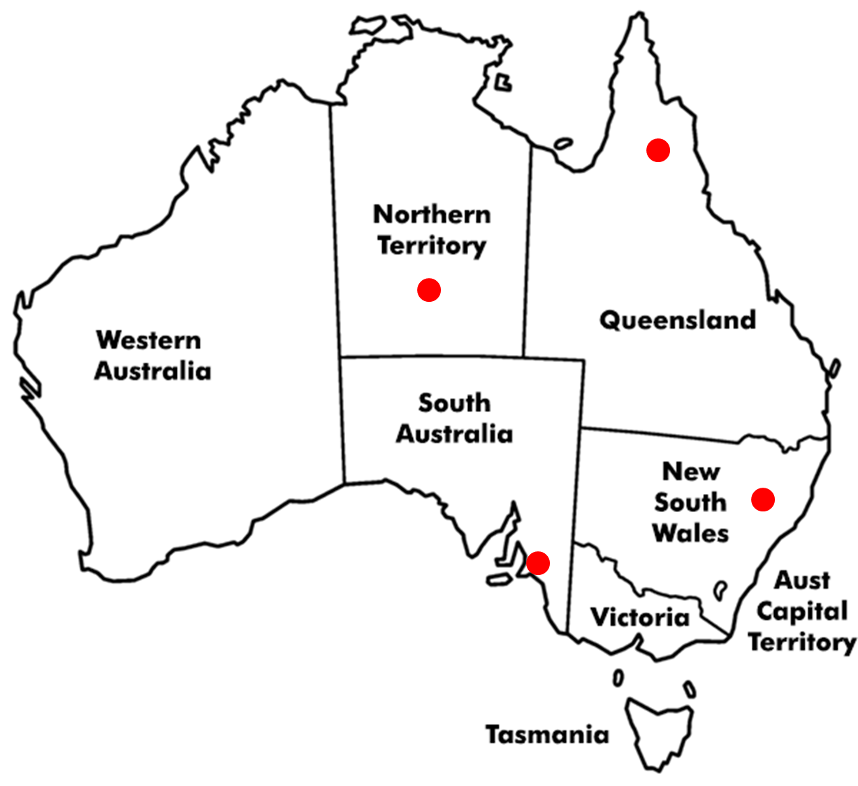Map of Australia showing locations of field work