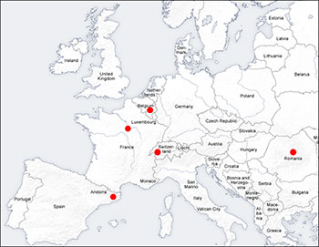 Map of Europe showing locations of field work