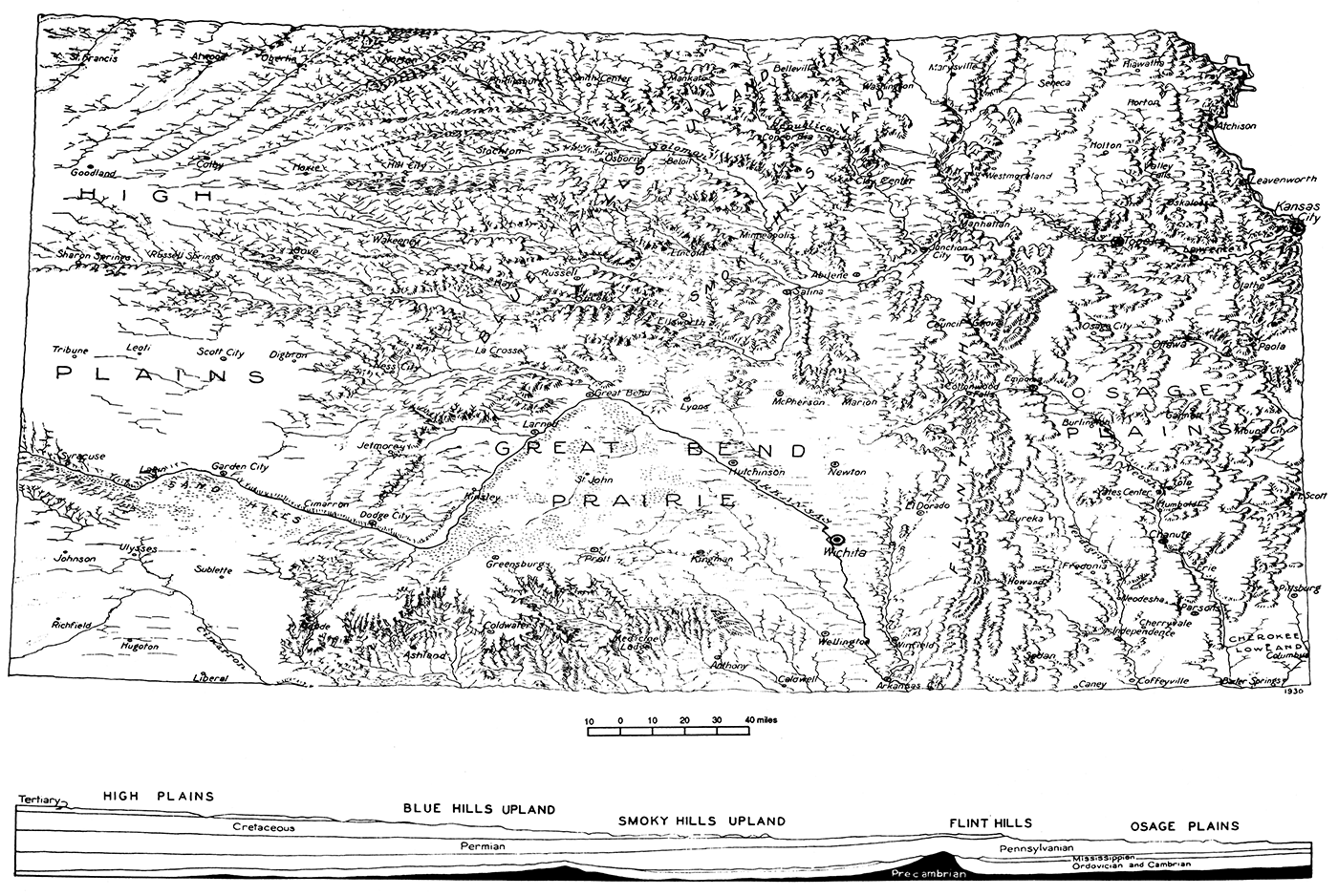 Surface Features of Kansas; sketch of the hills, plains, and rivers of Kansas.