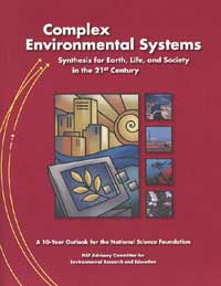 cover of NSF publication, red paper, pictures of lake, farm, reef, garden, and drawing of computer with city