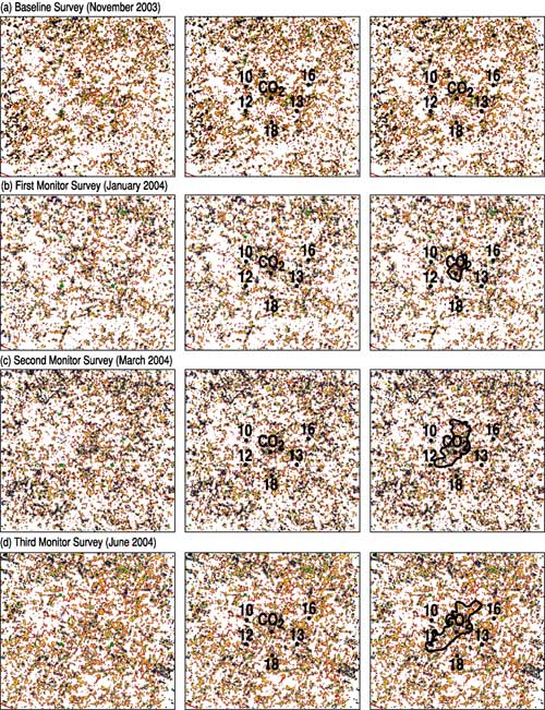 Three figures for each survey; one unlabeled, one labeled, and one labeled with envelope drawn