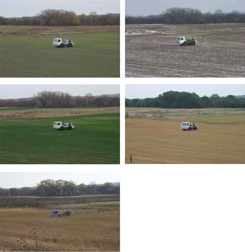 Five views of Vibroseis trruck in same field, taken at each survey.