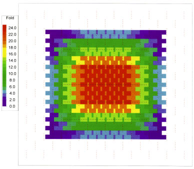 color diagram showing number of folds of data in each cell of the survey area. Max is 24 fold
