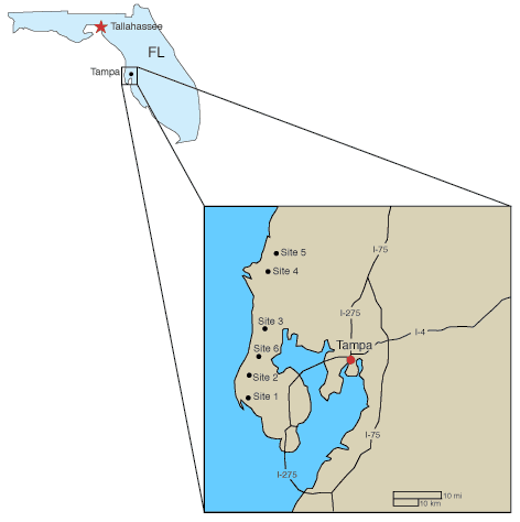 location map of Florida; 6 sites are on peninsula west of Tampa