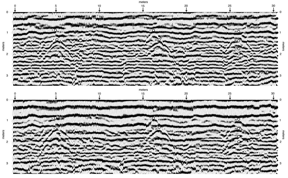 Two seismic profiles, non-deconvolved and deconvolved.