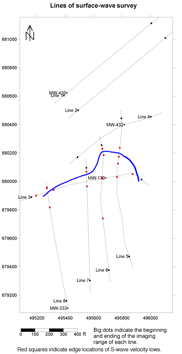 Map showing survey locations and S-wave velocity lows on each line; channel indicated with blue line.