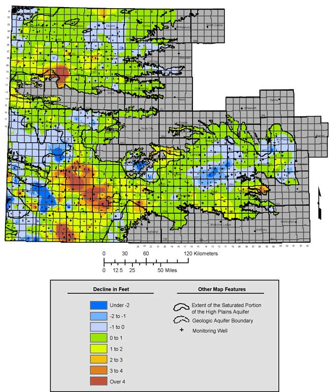 Colored contour map of the water table declines in western Kansas.  Max is over 4 in far western Kansas (Finney, Gray, Haskell, Seward-Stevens boundary).