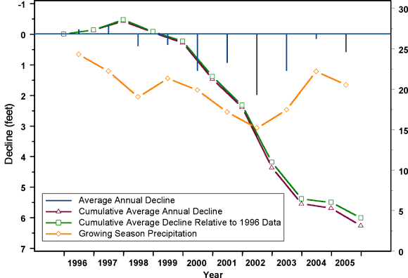 Annual declines trend with precipitation; cumulative average decline is steady (reaching 6-7 feet in 2006 data.