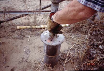 Well is 6-inch diameter pipe; sticks above ground about a foot; measuring tape is going through small slit in lid.