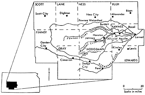 study area in southwest Kansas; counties highlighted include Scott, Lane, Ness, Rush, Finney, Hodgeman, Pawnee, Gray, Ford, and Edwards