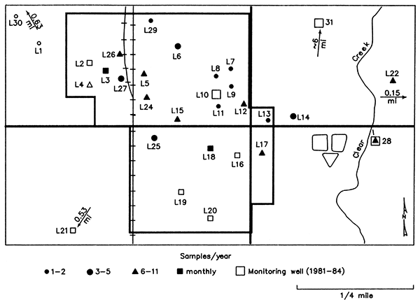 Map of Lincolnville showing the locations of the wells (by well number) used in the study and sampling frequency.