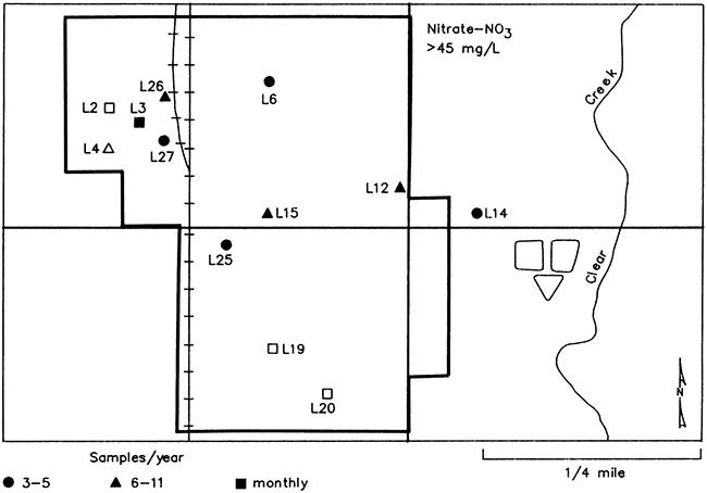 Map of Lincolnville showing water wells (by well number) used in the study that exceeded 45 mg/L nitrate at least once and sampling frequency.
