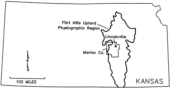 Map of Kansas showing the Flint Hills Upland Physiographic Region, Marion County, and the town of Lincolnville.