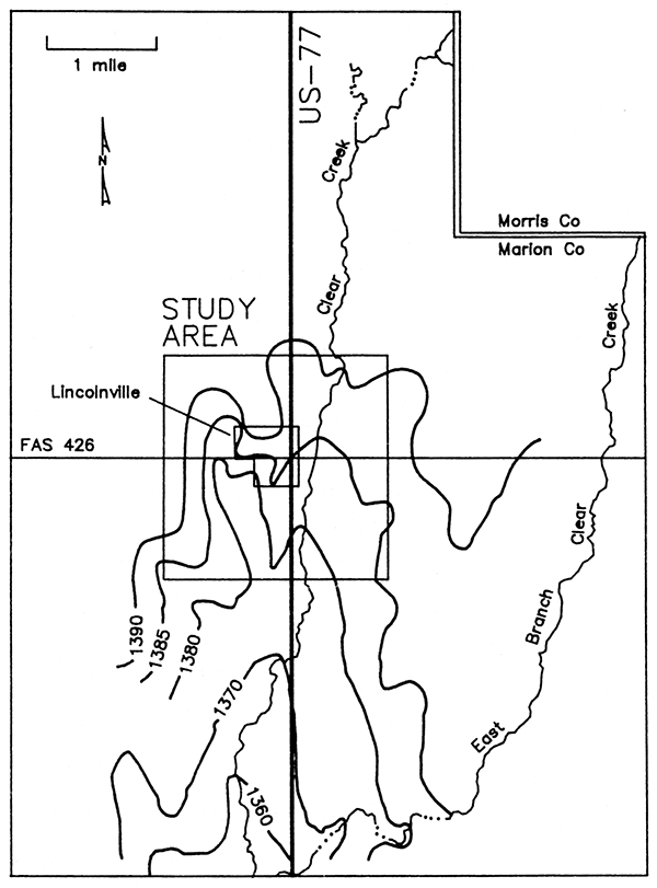 Potentiometric surface map of wells completed in the Winfield Limestone in and around the study area.