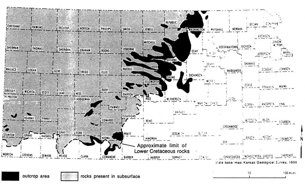 Distribution of the Lower Cretaceous rocks that comprise the Dakota aquifer in Kansas.