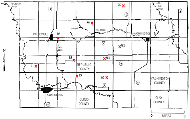 Test holes located in north-central Kansas in Republic, Cloud, and Washington counties.