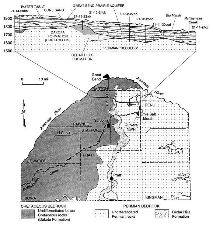 Map of the bedrock beneath the Great Bend Prairie Aquifer along with a cross section.